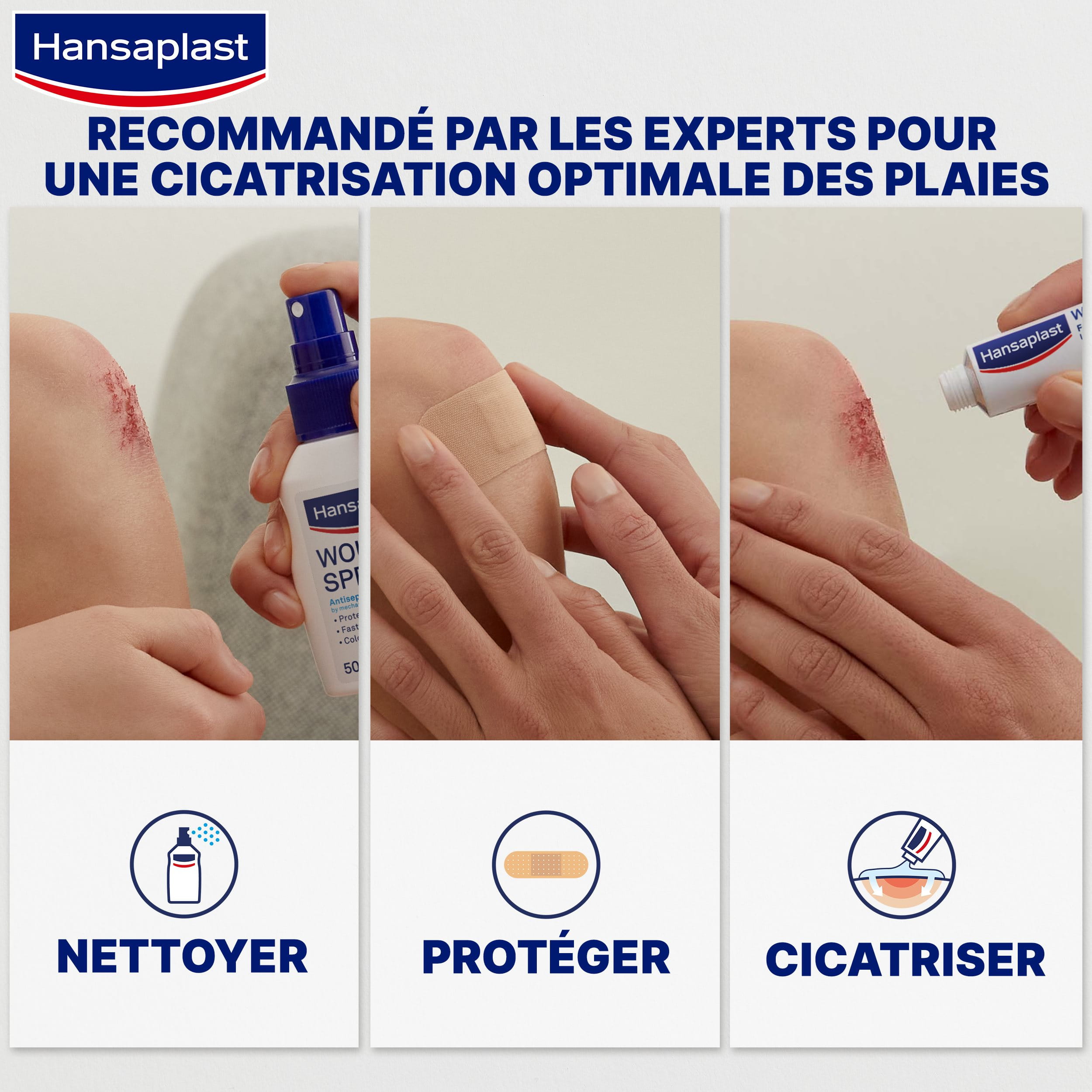 Infographie montrant comment appliquer les Hansaplast Second Skin Protection, Pansement hydrocolloïde, S 10 PC 