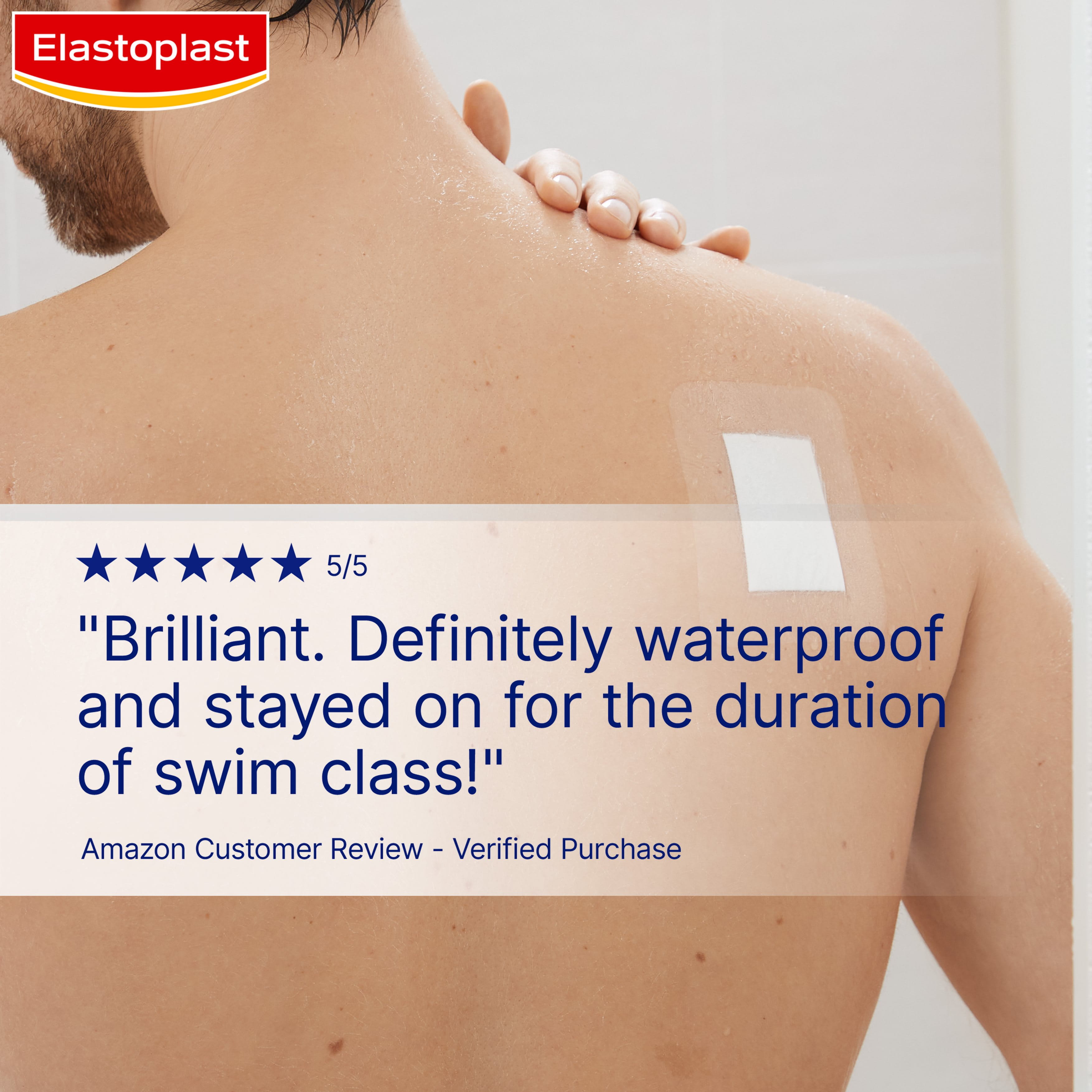A positive customer review that said the Elastoplast Waterproof Wound Dressing XXL is definitely waterproof and stayed on for the duration of swim class