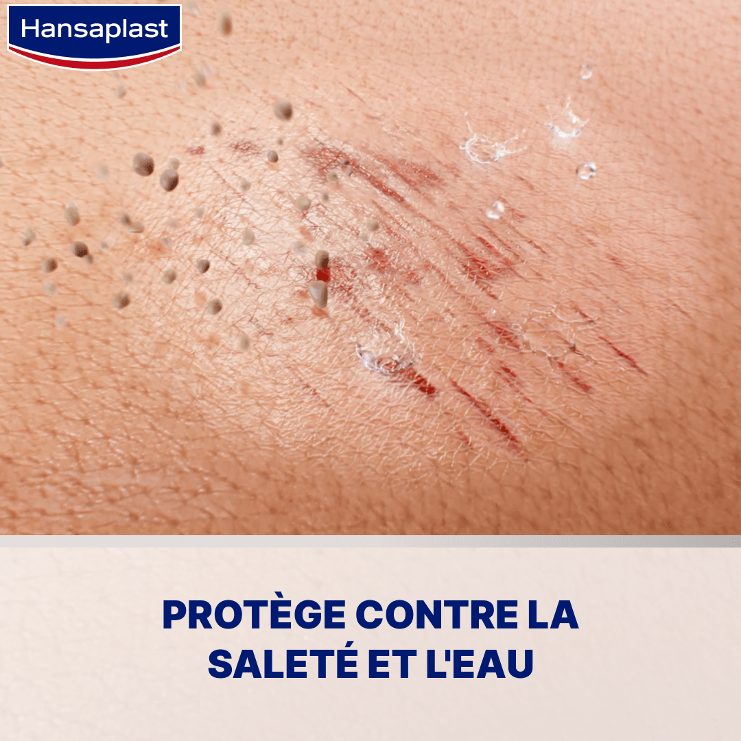 Infographie montrant comment le Second Skin Protection Spray Plaster et le Second Skin Protection Concentré Pansement Liquide 10ml de Hansaplast forment un film invisible sur les plaies, les protégeant ainsi des impuretés et de l'eau