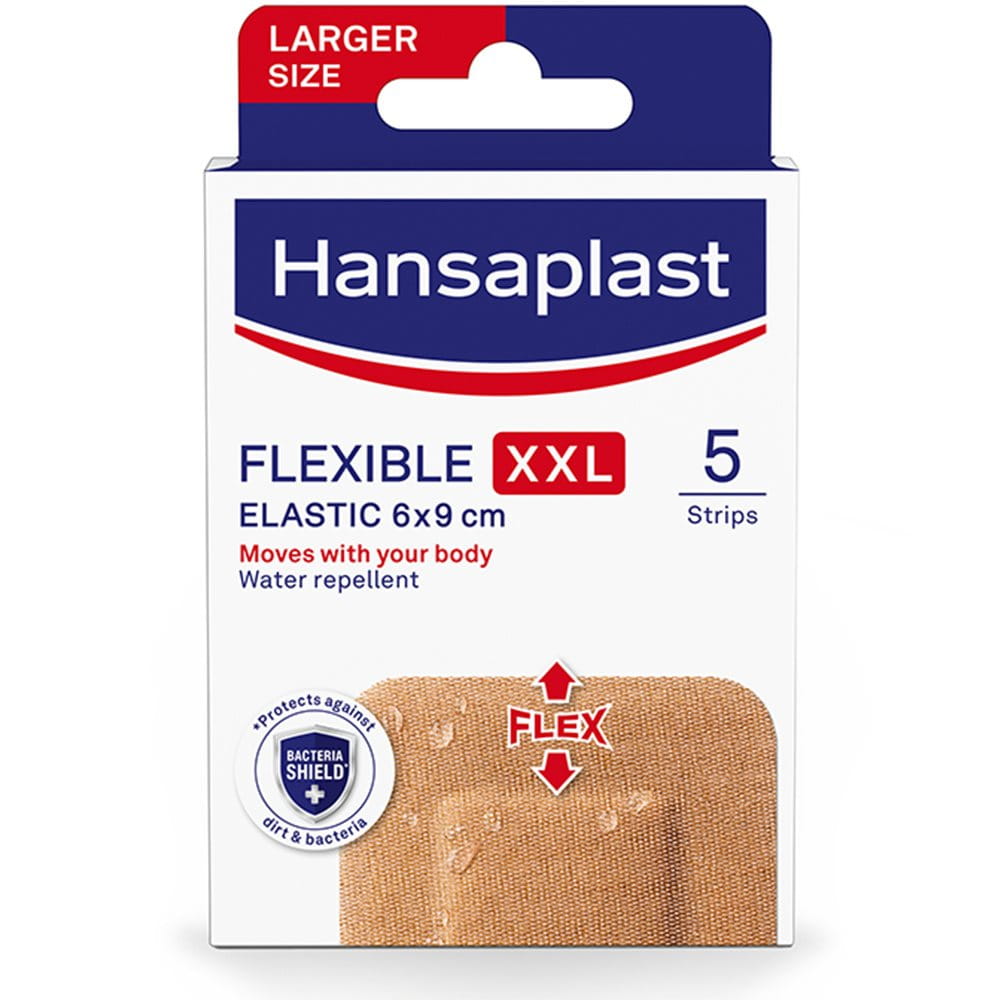 Hansaplast Flexible Elastic XXL plasters packshot with water-repellent, stretchable material