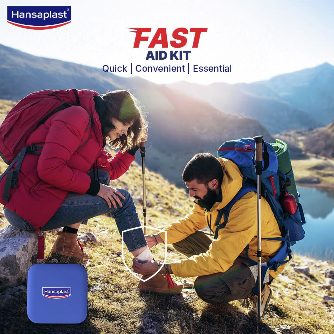 Hansaplast Fast Aid Kit for Wounds & Bruises | First Aid Kit | 9 Items - 38 Pieces | Emergency Medical Kit for Home, Office, Travel, Car, Sports, Outdoor, Multi-Use Pack for Cuts, Wounds & Injuries | Lightweight & Compact