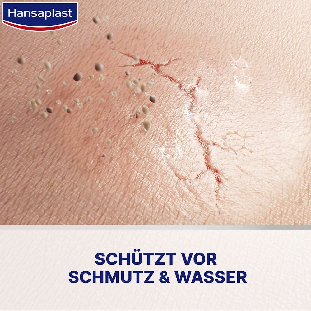 Infografik zeigt, wie das Hansaplast Zweite Haut Schutz Sprüh-Pflaster und das Hansaplast Zweite Haut Schutz Flüssig-Pflaster-Konzentrat einen unsichtbaren Film über Wunden bilden, der vor Schmutz und Wasser schützt