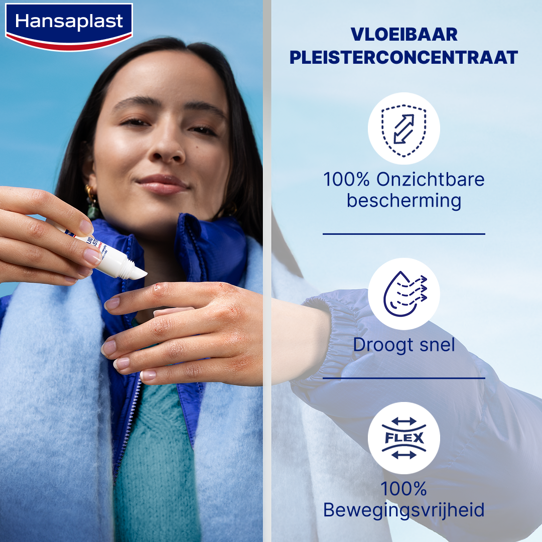 Afbeelding met productvoordelen van Hansaplast Second Skin Liquid Pleister