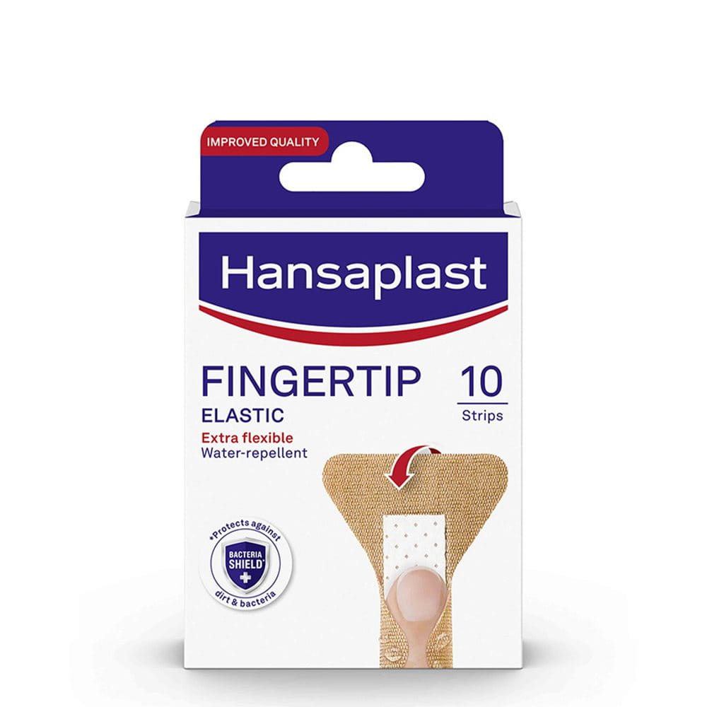 Hansaplast Elastic Fingertip plasters packshot with 10 flexible, water-repellent strips
