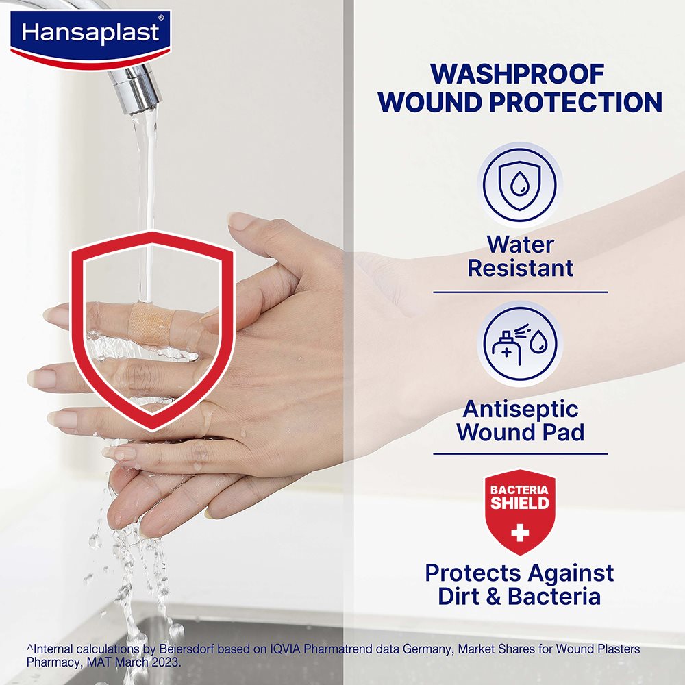 Hansaplast Antiseptic Washproof Bandage for injury & wounds | First Aid | Water resistant | Provides Comfort to the Wound in Water | For Kids & Adults