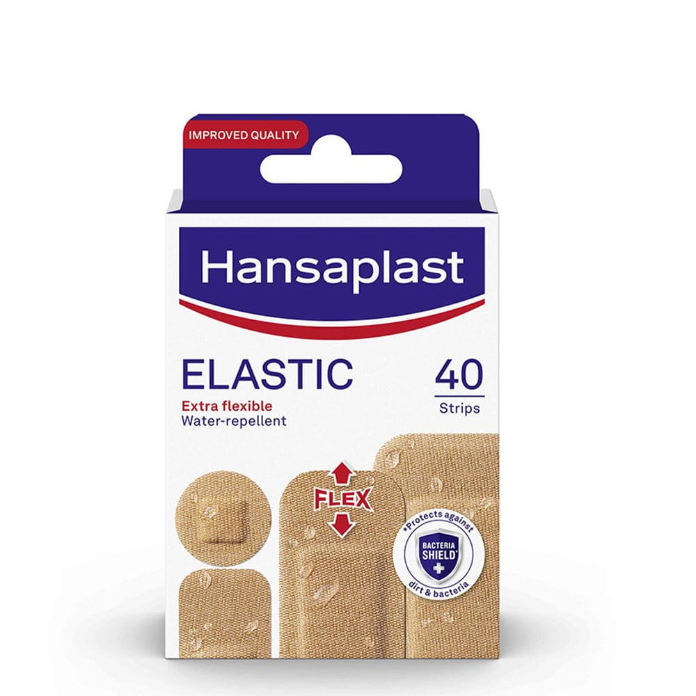 Hansaplast Elastic 20 Strips packshot with assorted flexible plasters for everyday wound protection