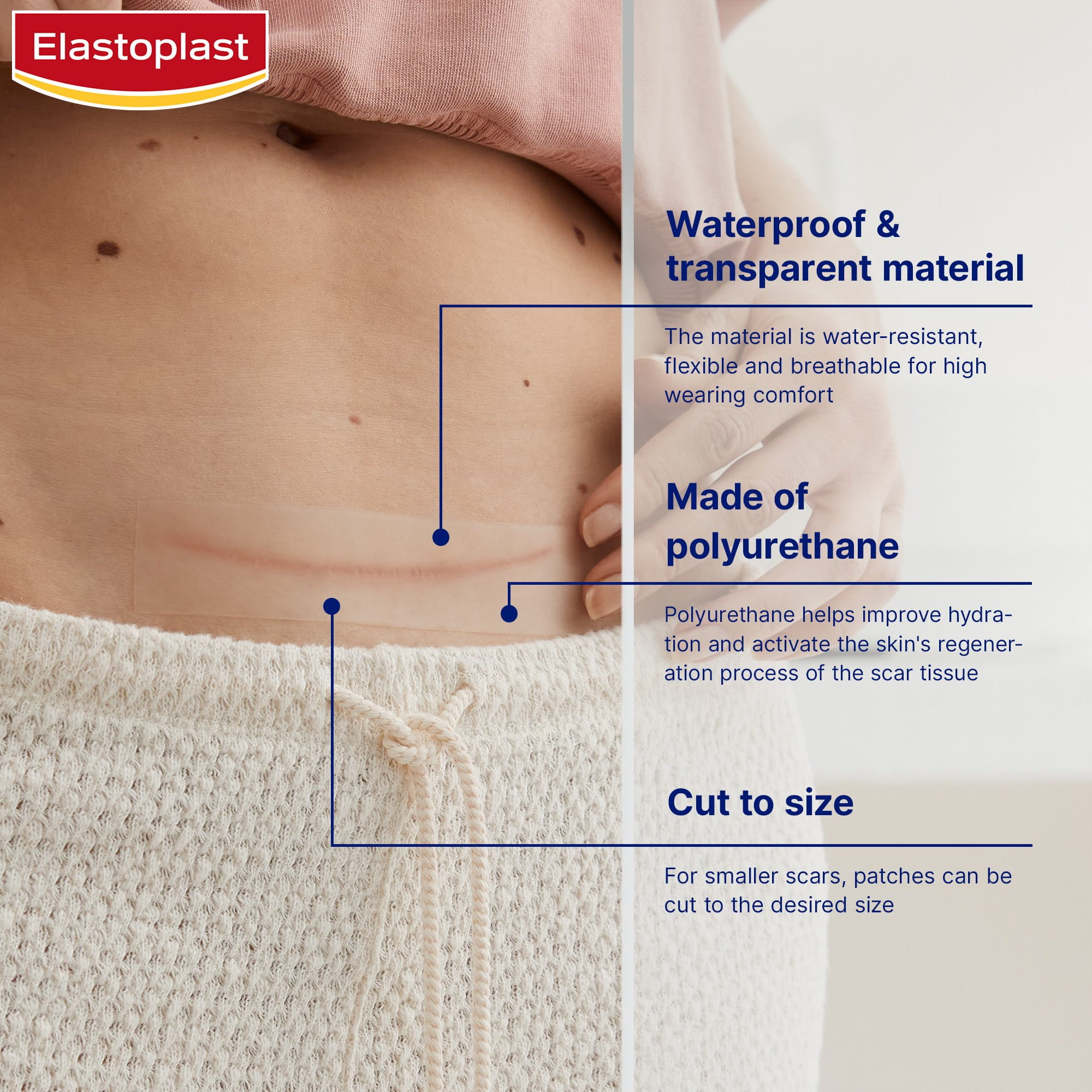 Image of an Elastoplast Scar Reducer XL Patch over a c-section scar with text overlayed on the image explaining the product benefits.