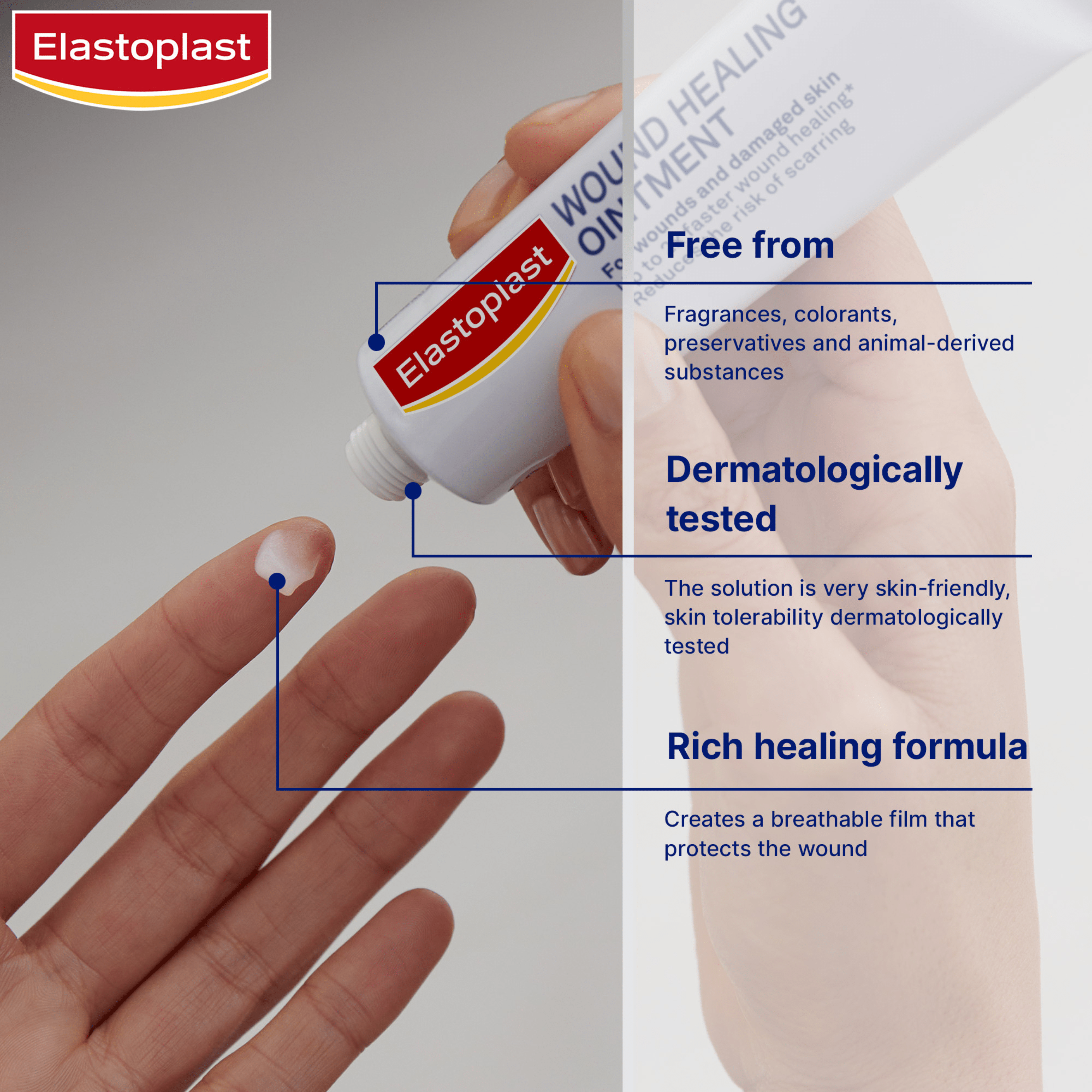 An infographic of Elastoplast Wound Healing Ointment benefits, which includes fragrance-free, dermatologically tested, and breathable film that protects the wound