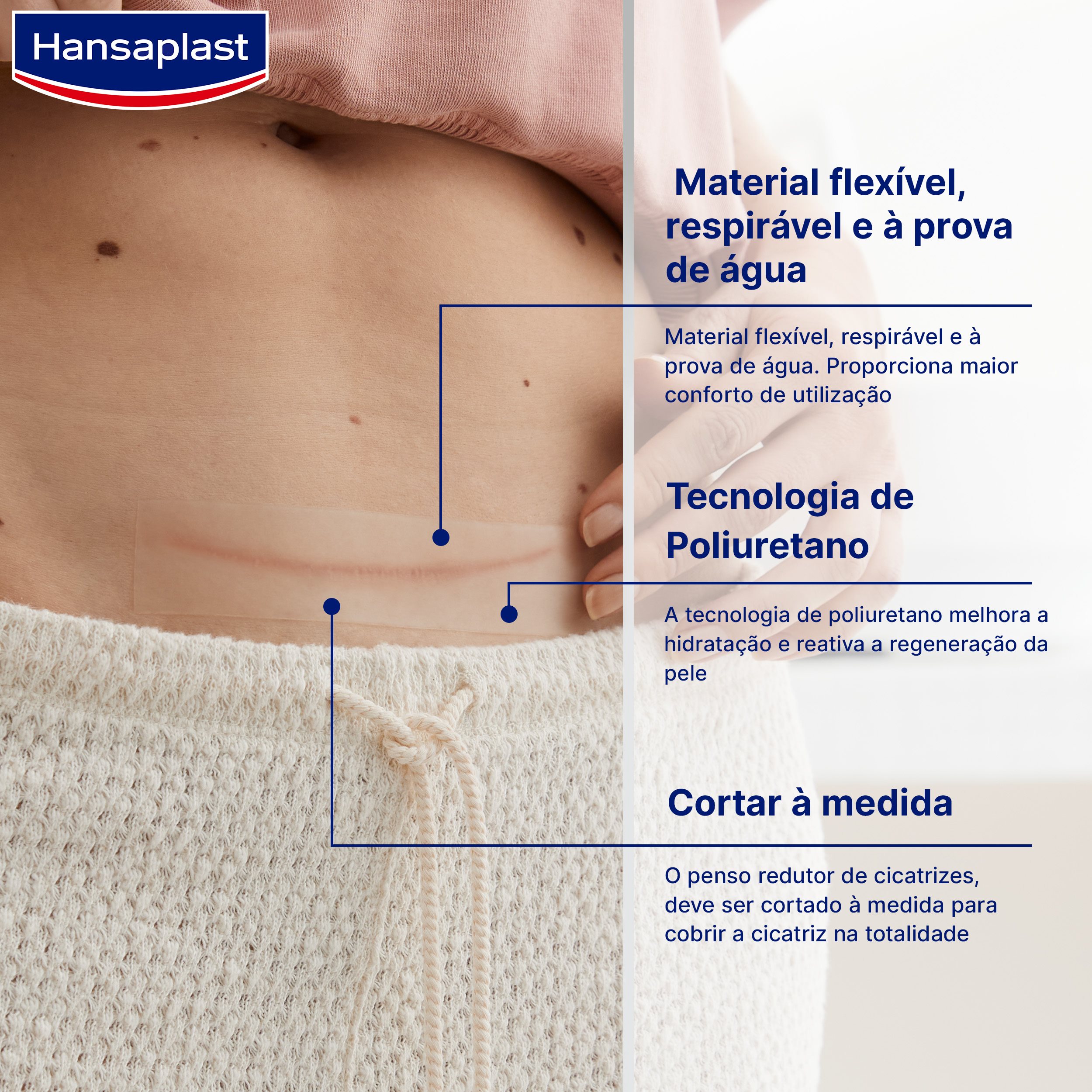 Imagem de um Hansaplast Penso Redutor de Cicatrizes XL sobre uma cicatriz cesariana com texto sobreposto na imagem a explicar os benefícios do produto.