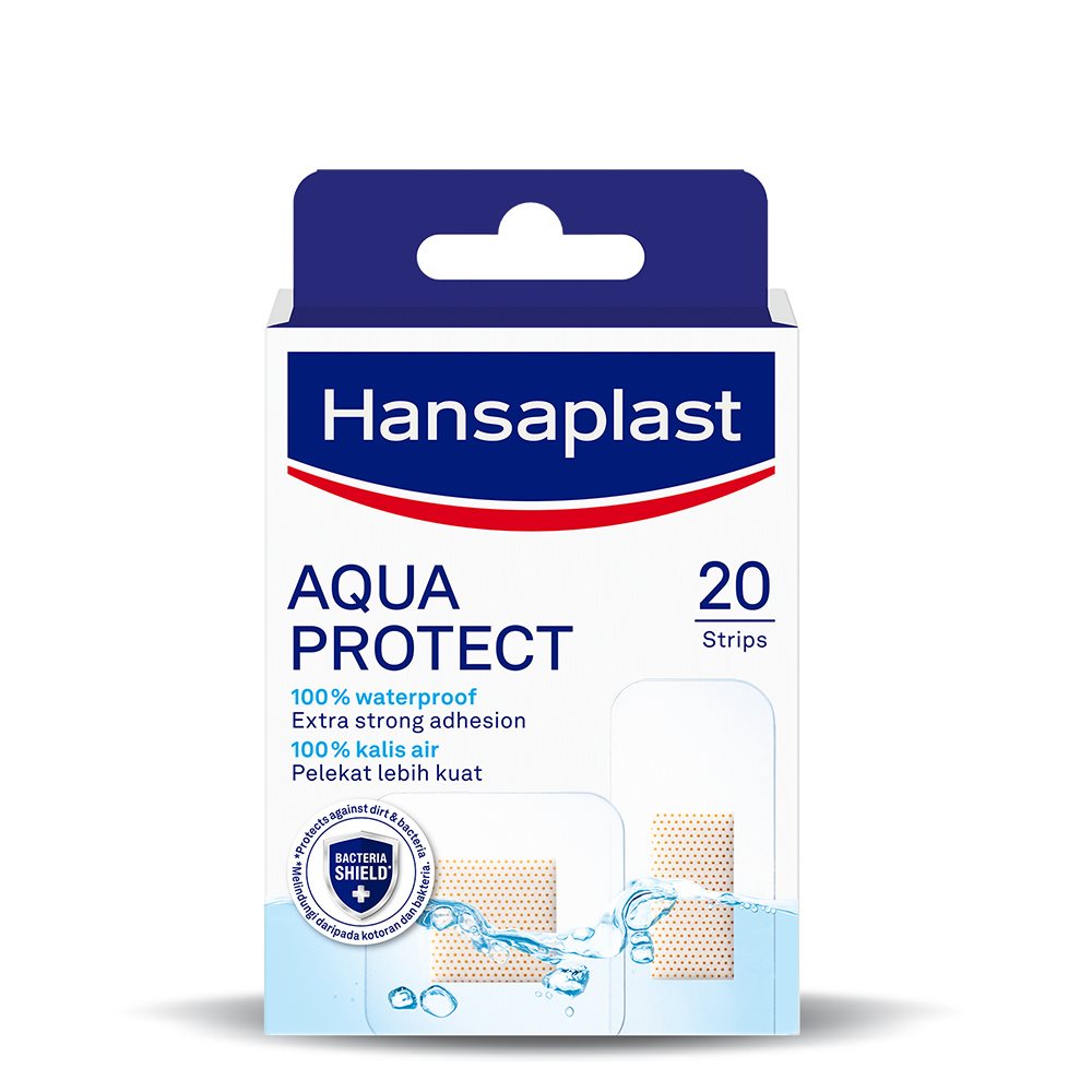 Hansaplast Aqua Protect waterproof plasters packshot, 20 strips with strong adhesion