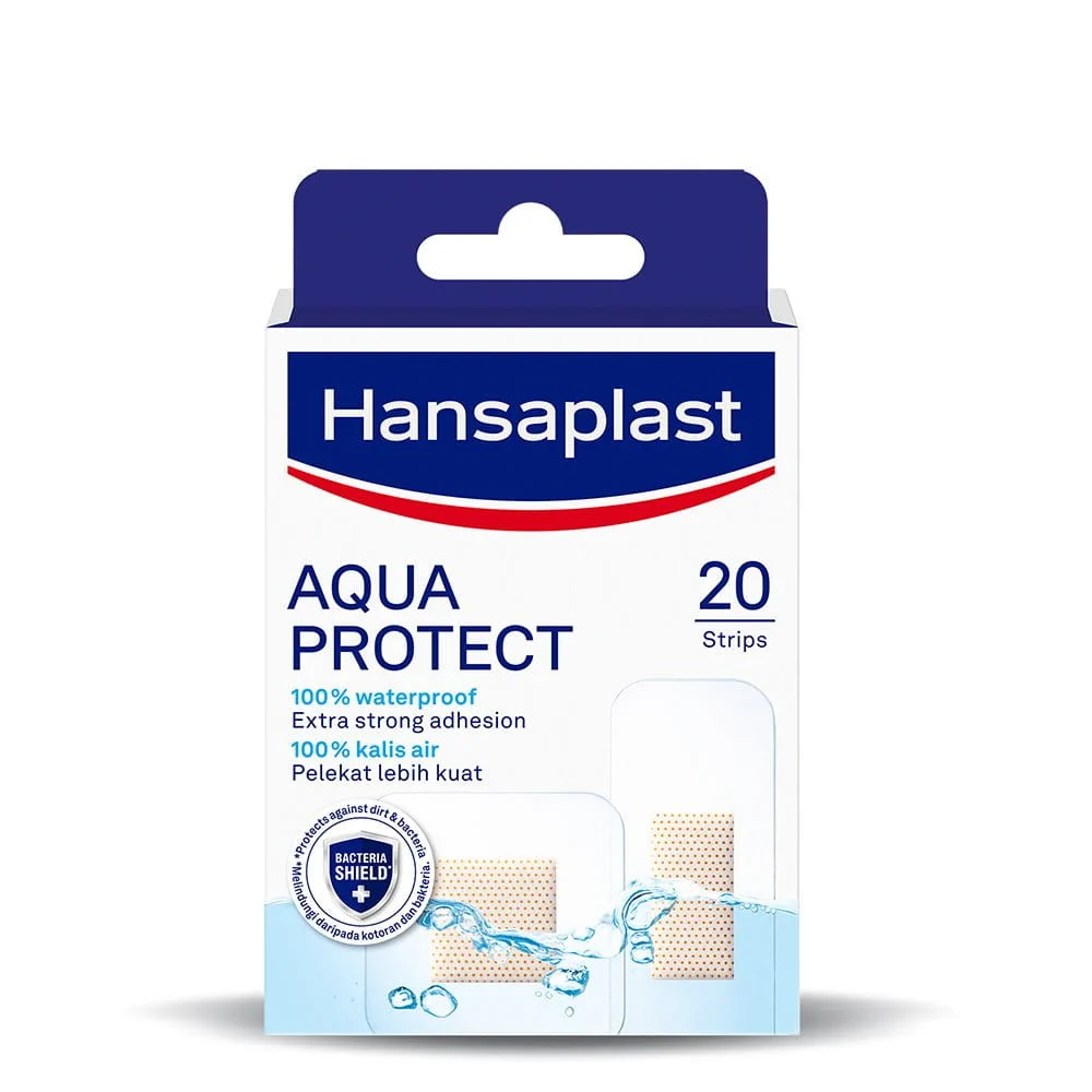Hansaplast Aqua Protect waterproof plasters packshot, 20 strips with strong adhesion