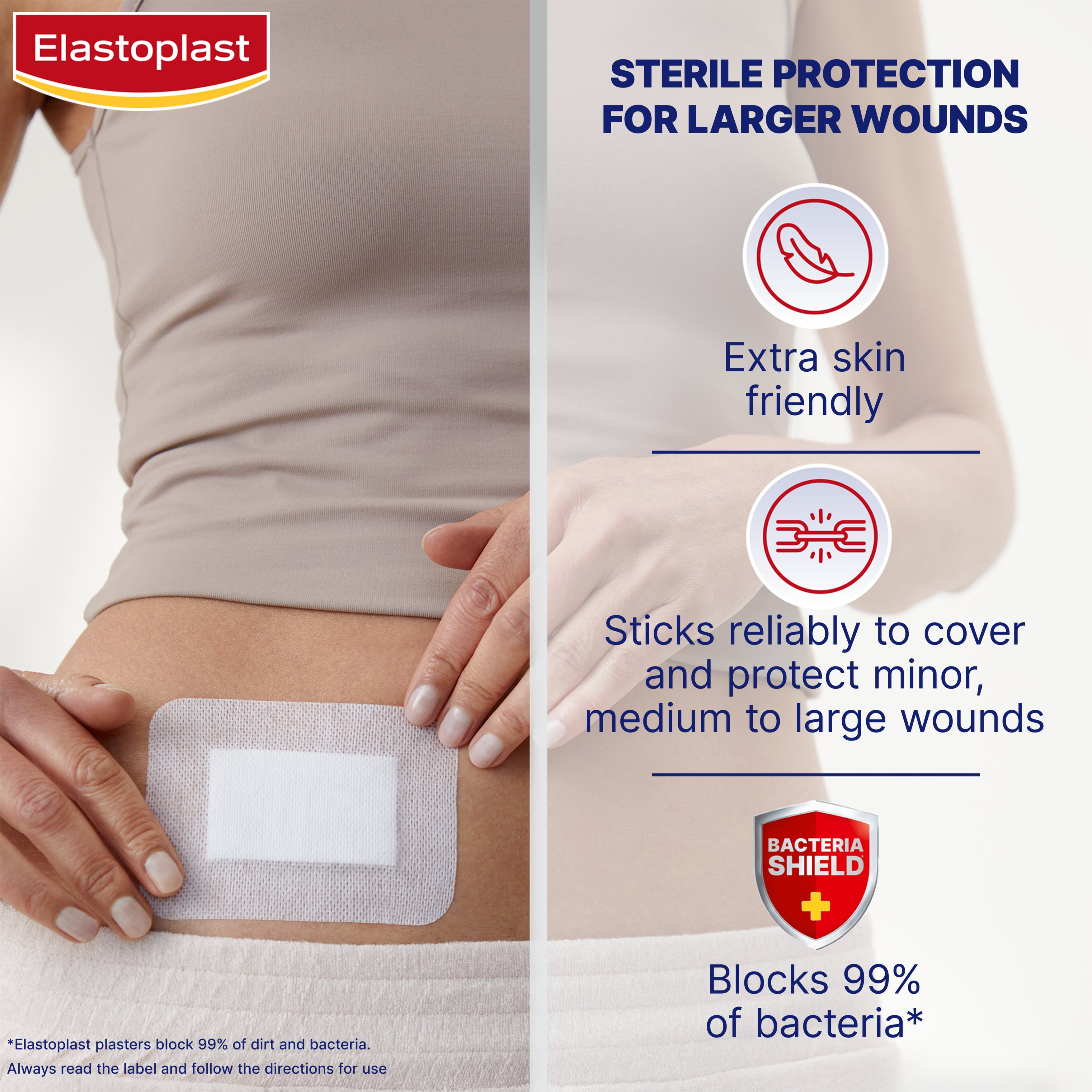 Infographic highlighting the product benefits of Elastoplast dressings