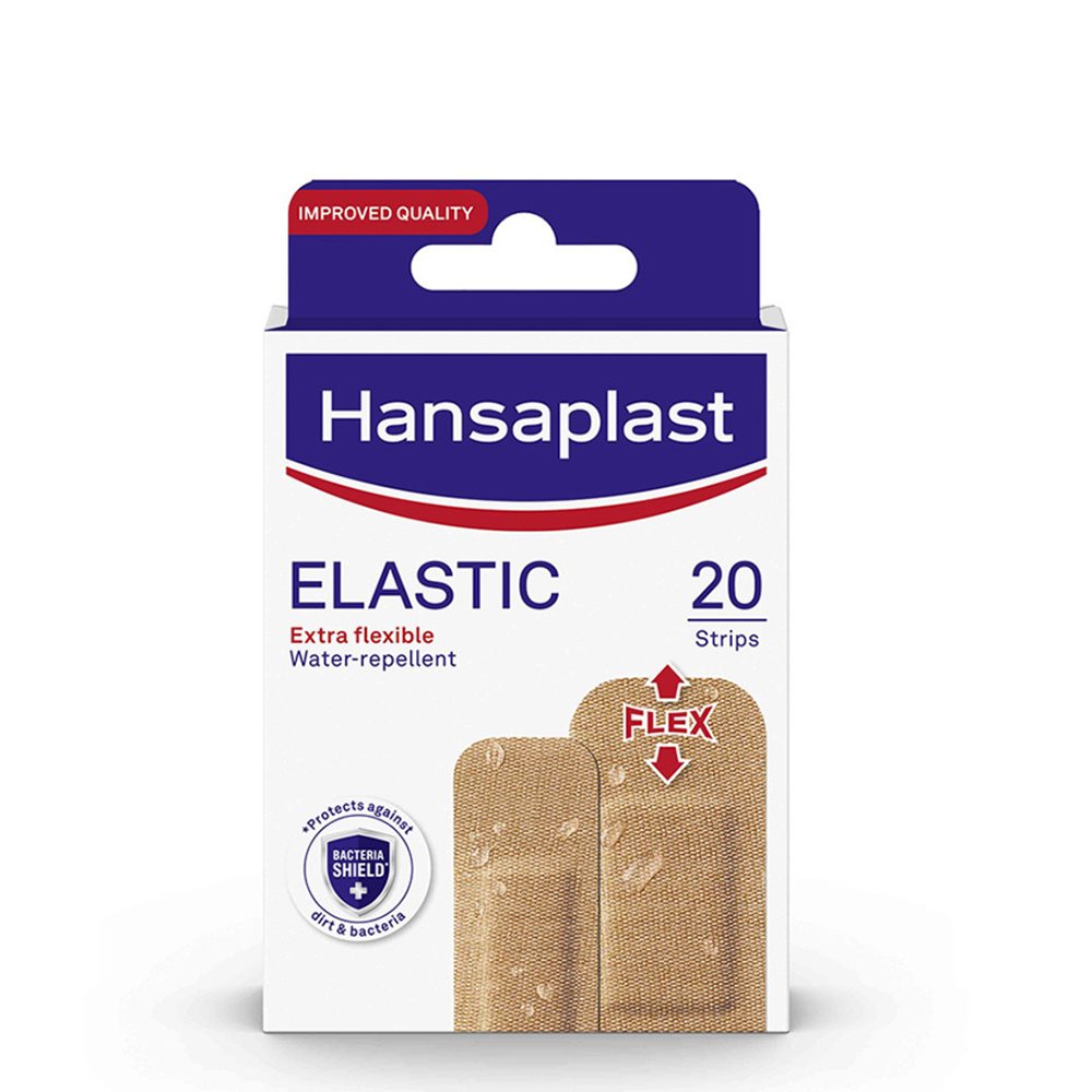 Hansaplast Elastic 20 Strips packshot with assorted flexible plasters for everyday wound protection