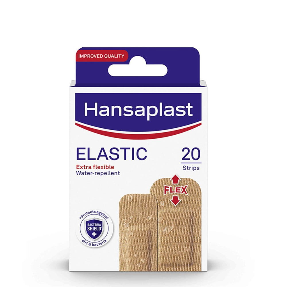 Hansaplast Elastic 20 Strips packshot with assorted flexible plasters for everyday wound protection