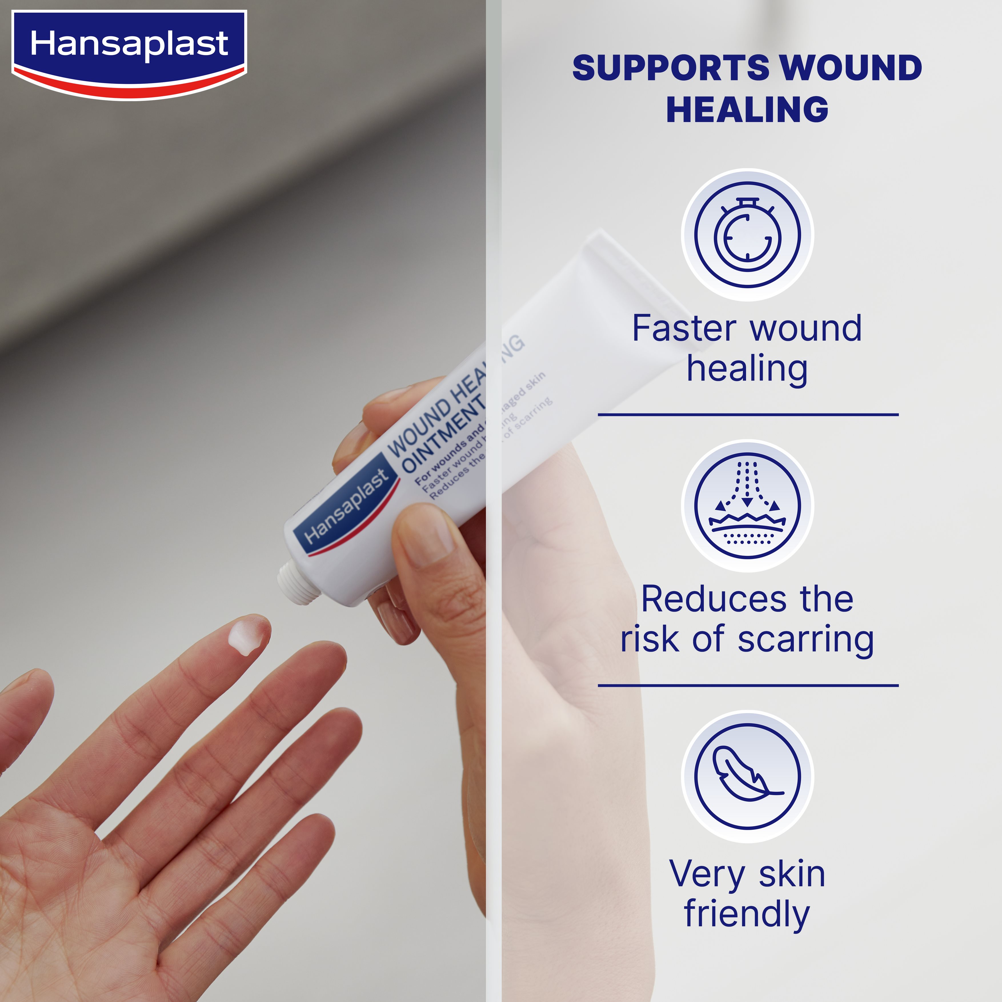 Infographic showing product benefits of Hansaplast Wound Healing Ointment