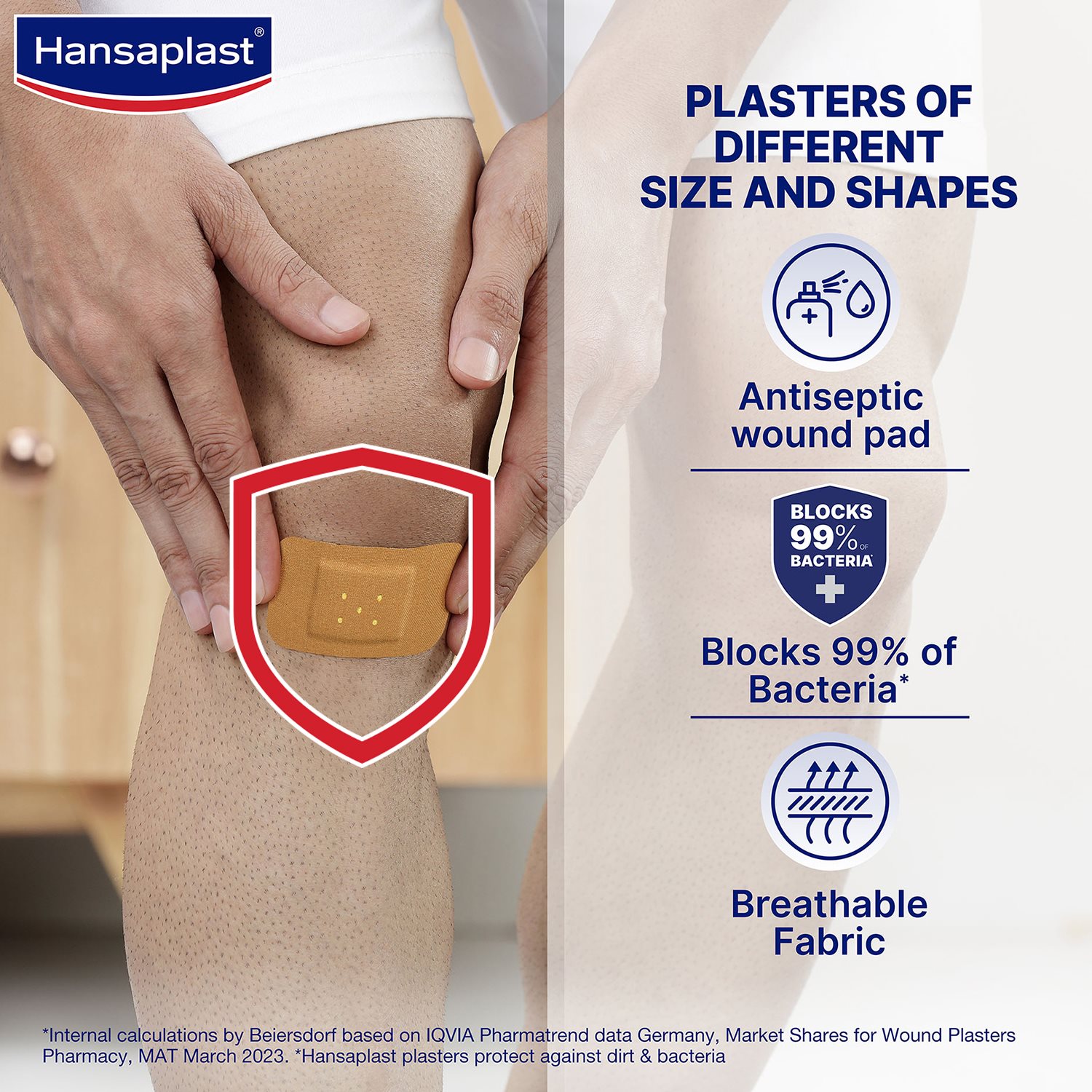 Hansaplast Antiseptic Plasters | Various Shapes & Sizes Bandage | Pack of 50 Units | First Aid kit | Breathable fabric | Home Essential Kit | Antiseptic Wound Pad