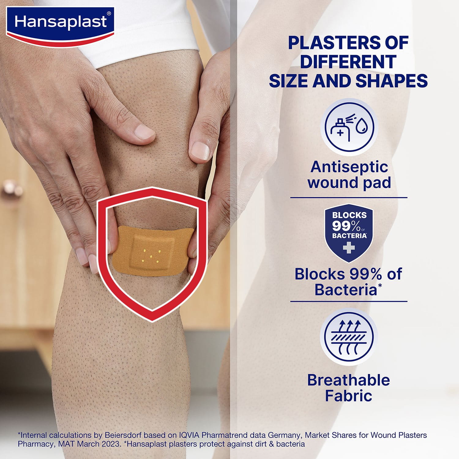 Hansaplast Antiseptic Plasters | Various Shapes & Sizes Bandage | Pack of 50 Units | First Aid kit | Breathable fabric | Home Essential Kit | Antiseptic Wound Pad