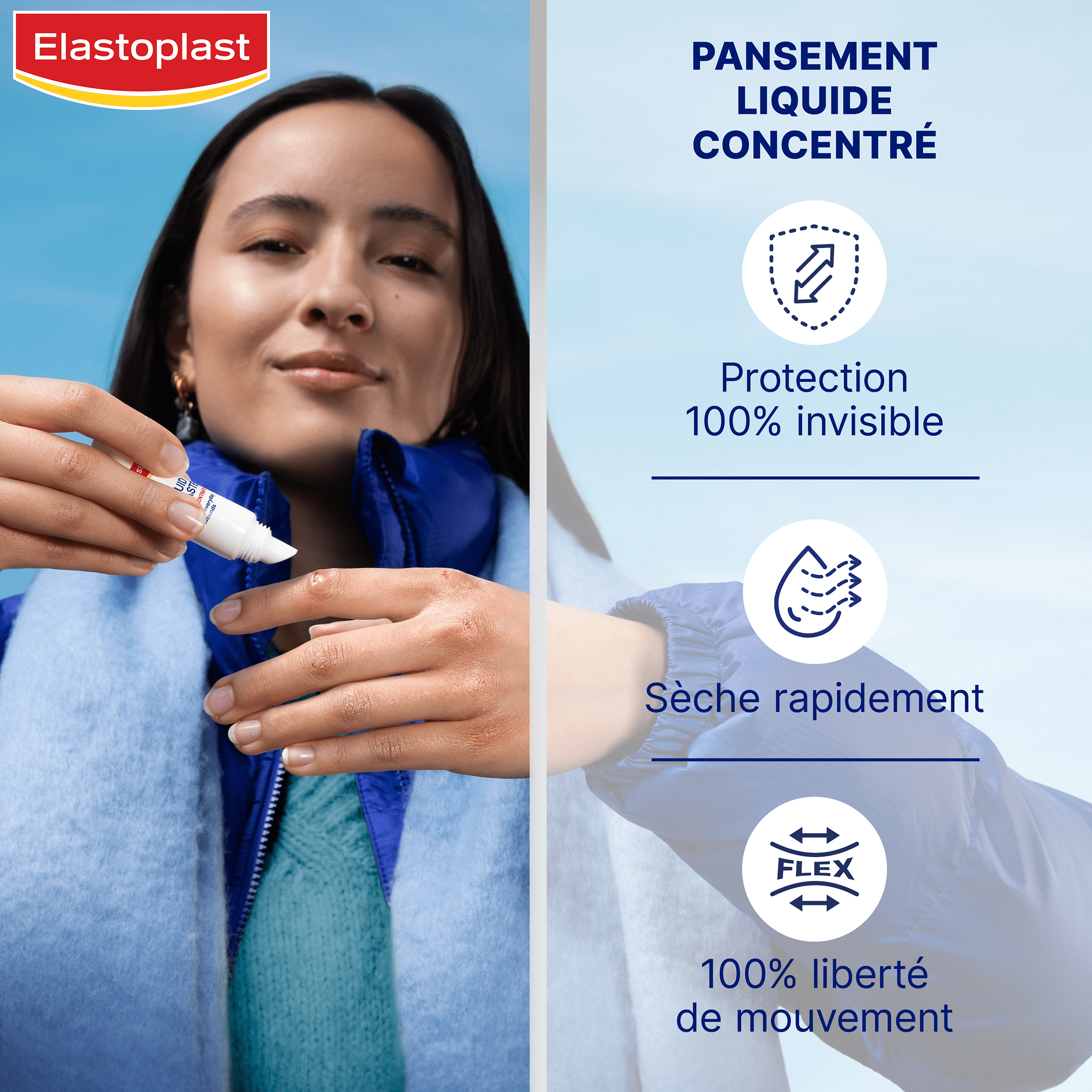 Image montrant les avantages du produit Pansement Liquide Concentré Second Skin d’Elastoplast